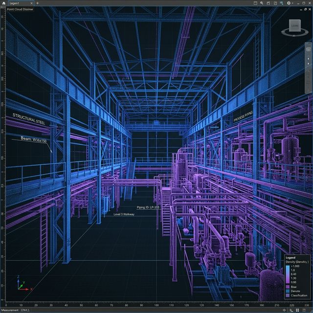 Detailed 3D point cloud visualization of complex industrial building structure