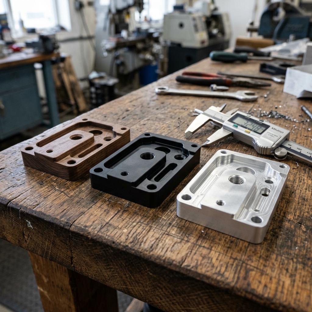 Walnut wood, Delrin plastic, and aluminum CNC milled parts compared
