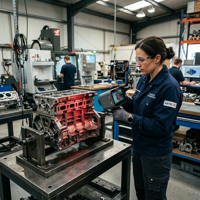 Professional engineer using high-precision handheld 3D laser scanner on industrial part