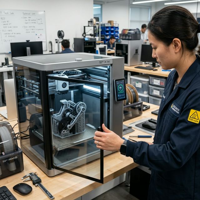 Engineering professional operating Bambu Lab X1E 3D printer with complex mechanical part