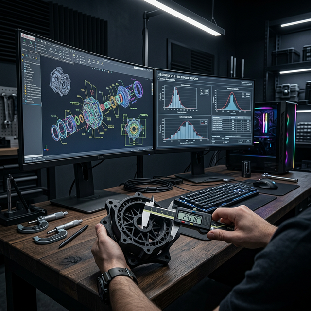 Engineer performing quality control inspection on 3D printed parts