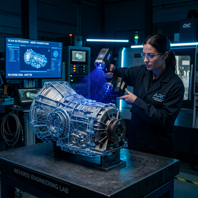 Reverse Engineering 3D scanning process showing laser lines capturing part geometry
